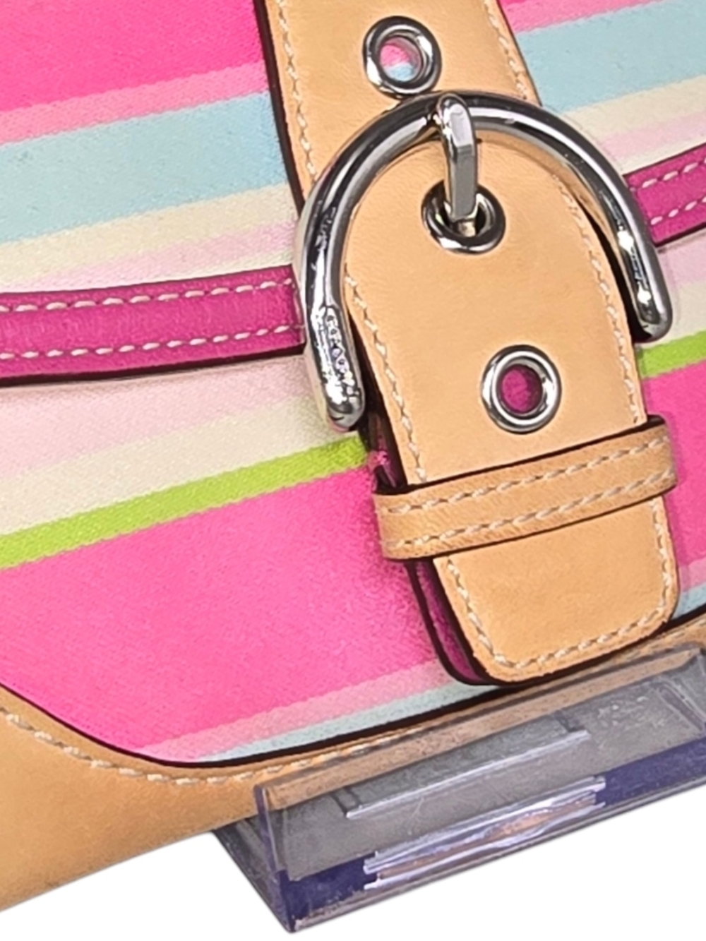 Coach Pink, Tan & Lime Stripe Wristlet Clutch - Picture 3 of 14